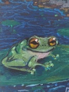 Obrazek "Żaba na liściu" pastelami olejnymi na A5