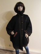 IN WILD NORWAY wełniane ponczo czarne skórzany kołnierzyk _ one size