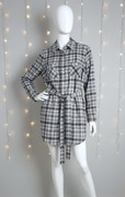 NOWA! Długa lekka koszula tunika w kratkę szary biały czarny wiązana M/L