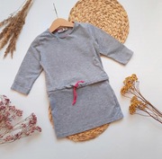 Sukienka 104 szara z paskiem w talii do kolan wygodna elastczna długi rękaw