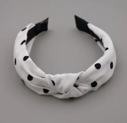 Opaska do włosów z węzłem biała w czarne kropki groszki