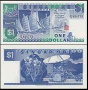 Singapur // Singapore, 1 Dollar, P-18 UNC, 1987 Sailing Ship 