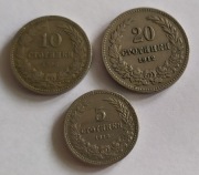 Zestaw monet Bułgarii 5 stotinek 1913 r, 10 stotinek 1906 r, 20 s 1923 r.