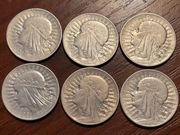Zestaw SZEŚCIU SREBRNYCH MONET 5 ZŁ Głowa  Kobiety      ZZM 1933   /7/