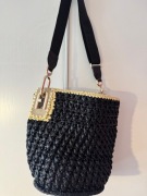 Furla torebka worek granat rafia złote okucia super modny!!