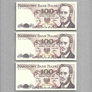 3 banknoty 100 zł 1988 r. tej samej serii RD   B14