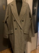 Pull&Bear płaszcz dłuższy trencz flausz z wełną krata pepitka duża