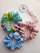 Jedwab naturalny silk satyna 3 scrunchies gumki do włosów baby blue pink 