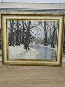 Obraz olejny na płótnie – zimowy pejzaż z rzeką | sygnowany