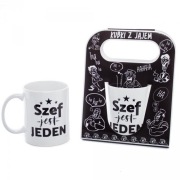 kubek ceramiczny z napisem 'Szef jest jeden' , w ozdobnym czarnym opakowani