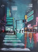 A.Ambrozuk obraz akrylowy 80x60,  abstrakcja pejzaż miejski ,miasto nocą 