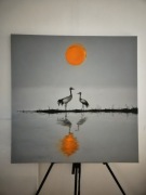 Obraz żurawie ręcznie malowany szary pomarańcz abstrakcja 