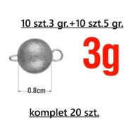 Ciężarki wędkarskie typu czeburaszka. 20 szt. (komplet) 3 gr + 5 gr.  