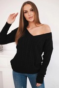 Sweter pleciony z dekoltem V czarny