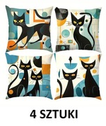 Zestaw 4 poszewek na poduszki z wizerunkiem czarnego kota. 45x45 cm.