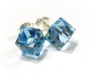 Srebrne Kolczyki 925 Swarovski Cube 6mm AQUA Niebieski