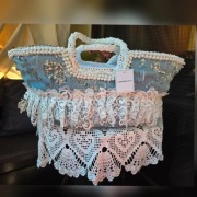 Duży koszyk jeans koronka perełki premium NOWY