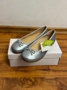 Skórzane baleriny srebrne z kokardką buty balerinki płaskie buciki Dp Am 33