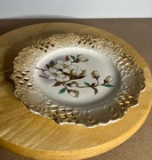 talerz ceramiczny 19 wiek przedwojenny, recznie malowane kwiaty, zlocenia