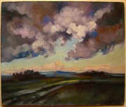 CHMURY PEJZAŻ POLE 1975r olej pilśń 34x42cm STAROĆ