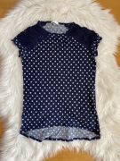 Bluzka damska z lnu granatowa w białe groszki Promod M 38 len koronka