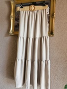 Włoska długa spódnica, beżowa, pasek gumowy, parciany, falbany, 