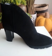 NOWE botki czarne zamsz, r. 37 obcas 8 cm podeszwa Vibram suwak