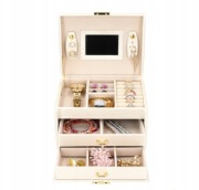 SZKATUŁKA KUFEREK NA BIŻUTERIĘ POJEMNY ELEGANCKI PUDEŁKO Z LUSTERKIEM BIAŁE