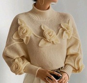 Golf z kwiatami sweter karmel