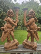 Drewniane Rzeźby Aniołków - Świeczniki - Vintage - 49cm.