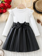 Elegancka sukienka eco skóra czarna biała 120 święta kokardka