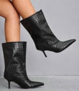 Czarne kozaki z kratkowaną skórą – zmysłowe, wsuwane, szpilka, r. 41