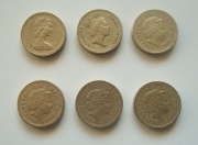 Monety 6 sztuk one pound 1 funt brytyjski Anglia, Elżbieta II 