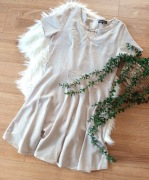 Szaro złota rozkloszowana elegancka sukienka szara z krótkim rekawem 