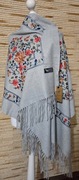 Piękny szal boho haft 50%kaszmir 50% wełna duży rozmiar 200x70 cm szary