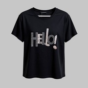 Bawełniany czarny T-shirt damski z ozdobnym hello, cyrkonie holo, S M L