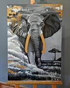 Obraz olejny słoń czarno biały złoty 