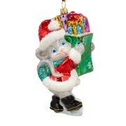 Myszka z torbą prezentów - szklana bombka polskie rękodzieło