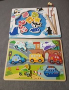 Zestaw - Puzzle drewniane mini matters pojazdy + łowienie rybek