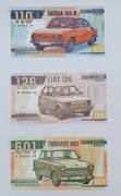 Banknoty kolekcjonerskie seria samochody PRL DDR CSRS Fiat Trabant Skoda