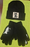 Czapka plus rękawiczki, koci motyw. Czarny lub różowy komplet. Nowy.