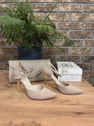 Skórzany komplet nude – czółenka + kopertówka | Witt 37 beżowe zamsz złote