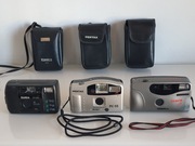 Trzy aparaty fotograficzne: Pentax PC-55, Konica MT-100, Exakta Top AF