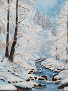 OBRAZ RĘCZNIE MALOWANY PEJZAŻ AKRYLOWY "W ZIMOWEJ BAŚNI" - 24x30cm