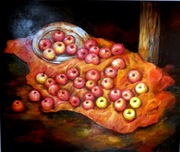 ''Jabłka na szkarłatnej  tkaninie''-olej 120/100cm