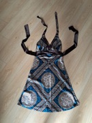 sukienka na lato, niebiesko-brązowa, elegancki lśniący materiał
