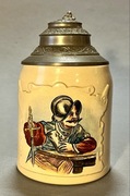 KOLEKCJONERSKI XIX-wieczny NIEMIECKI KUFEL CERAMICZNY Z CYNOWĄ POKRYWKĄ