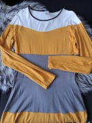 SUKIENKA DAMSKA r. 38 żółto-biało-szaro-czarne pasy długi rękaw WISKOZA 