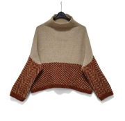 Damski Sweter Golf Wełniany Luźny Vintage Retro Beżowo Rudy |R. UNI