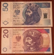 50 ZŁ 2017 r. SERIA CA 0554372 + 20 ZŁ 2016 r. SERIA CA 7173462 STAN 1 UNC